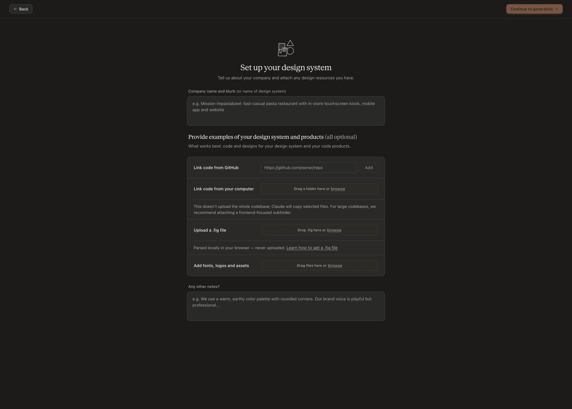 The “Set up your design system” screen in Claude Design, with fields for a company blurb, a GitHub repo, a local code folder, a .fig file, fonts, logos and assets, and other notes.