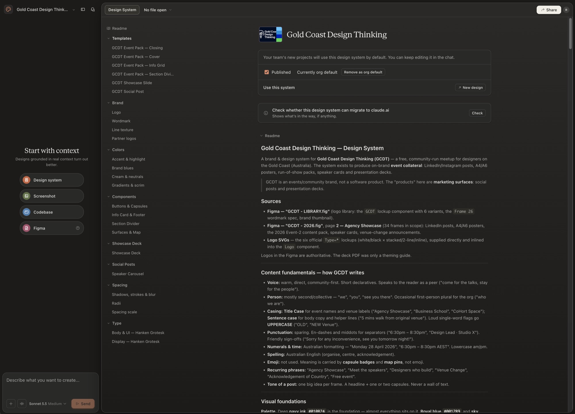 The Gold Coast Design Thinking design system in Claude Design, showing its templates, brand, colours, components and type, with the readme open.